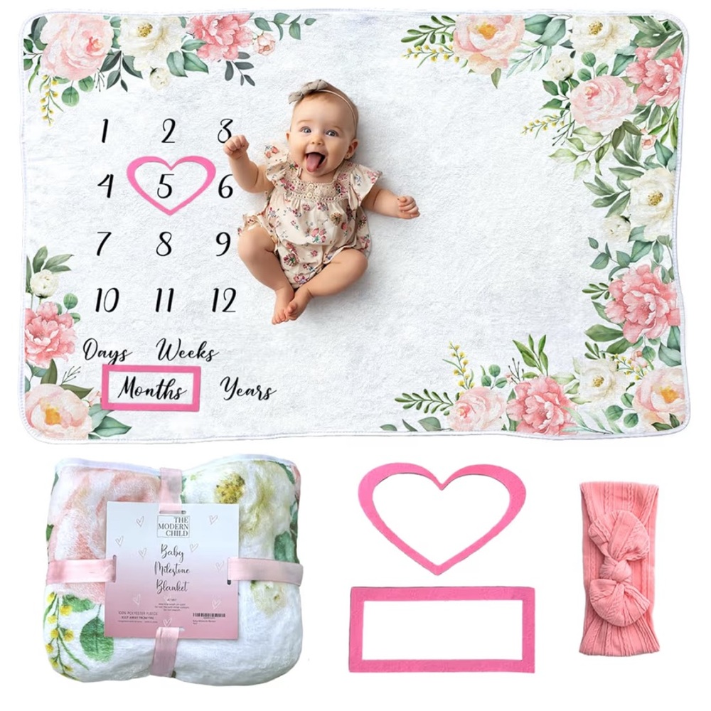 Floral Baby Milestone Blanket with Wooden Rainbow Milestone Discs